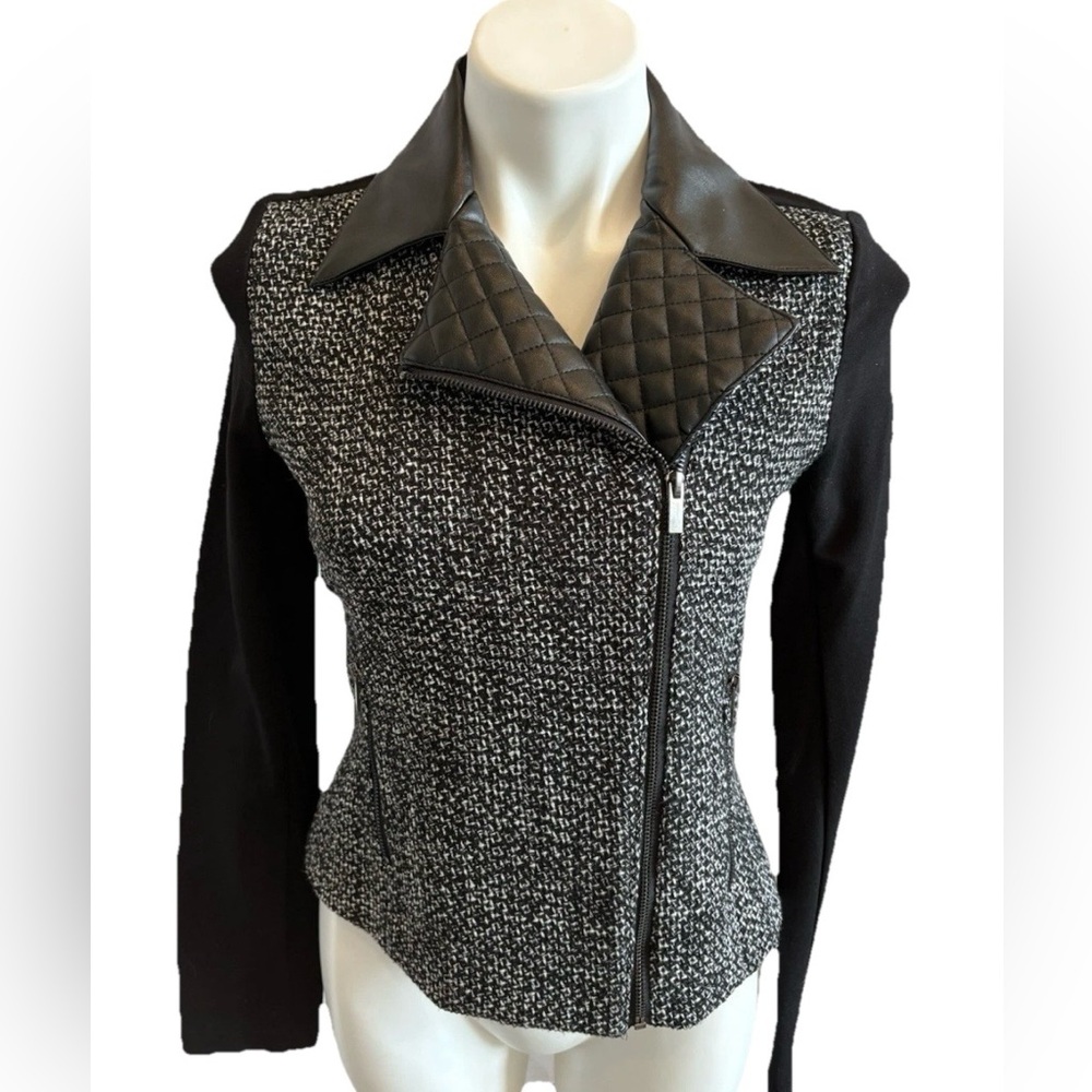 Amanda+Chelsea Womans Moto Jacket Tweed Blazer Size 4 Black White Asymmetrical
